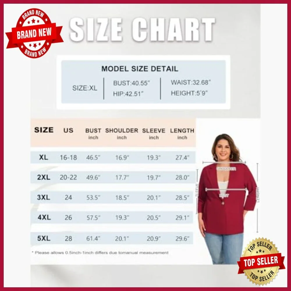Plus Size 3/4 Sleeve Blazer Notch Lapel Casual Work Jacket XL-5XL - Picture 4 of 7